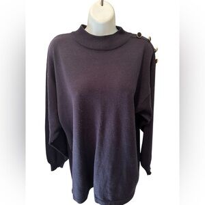 VTG Casual Corner Wool Blend Navy Mock Neck Sweater Size L W/ Button Shoulder